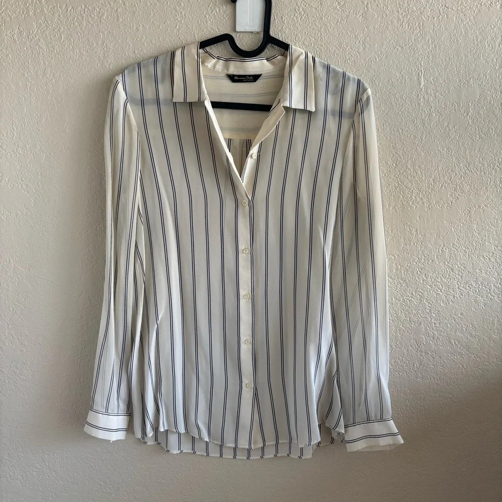 Massimo Dutti Mulberry Silk Button-up Stripe Shirt US4 white navy blue - Picture 1 of 8